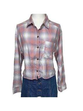 Hollister Pink Purple Plaid Flannel Shirt Women's Small Button Down Viscose Blen